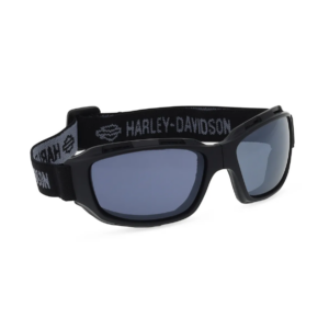 Black rectangular sunglasses with a padded black strap reading 'HARLEY-DAVIDSON' in gray, set against a white background.