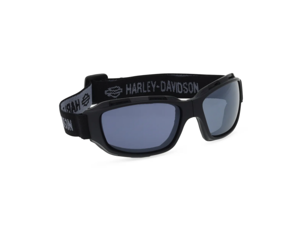 Black rectangular sunglasses with a padded black strap reading 'HARLEY-DAVIDSON' in gray, set against a white background.