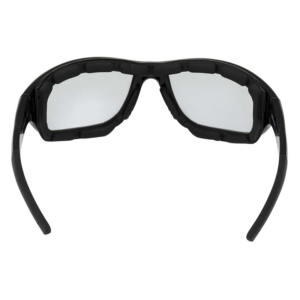 Black padded protective goggles with gray lenses and curved frame, designed to shield the eyes in hazardous or sports environments.