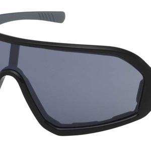 Wraparound black sport sunglasses with dark gray lenses for eye protection during outdoor activities.