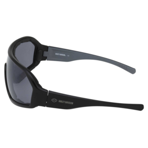 Black Harley-Davidson sunglasses with dark lenses, side view showing logo on temple