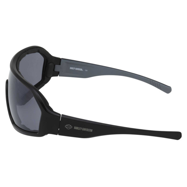 Black Harley-Davidson sunglasses with dark lenses, side view showing logo on temple