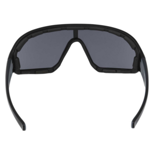 Wraparound black sport sunglasses with dark gray lenses and padded frame.