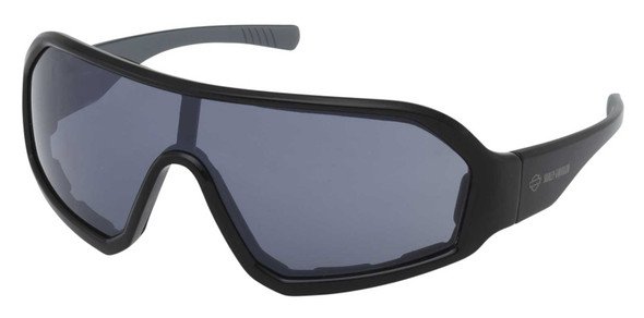 Wraparound black sport sunglasses with dark gray lenses for eye protection during outdoor activities.