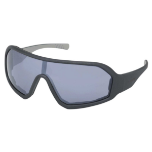 Wraparound safety glasses with dark gray frame and blue-tinted lenses for eye protection