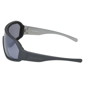 Gray wraparound sunglasses with dark blue lenses, lightweight sporty frame
