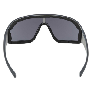 Wraparound sport sunglasses with a gray frame and dark-tinted lenses.