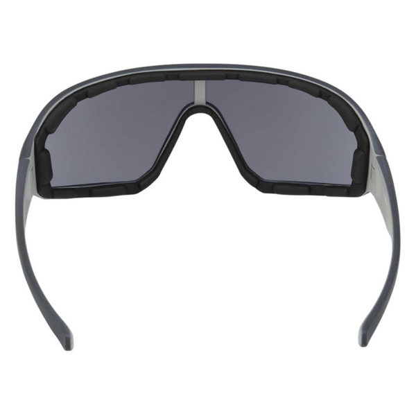 Wraparound sport sunglasses with a gray frame and dark-tinted lenses.
