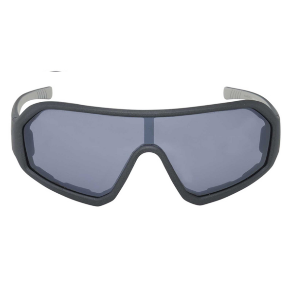Wraparound safety/sport goggles with gray frame and blue-tinted lenses, providing full eye protection