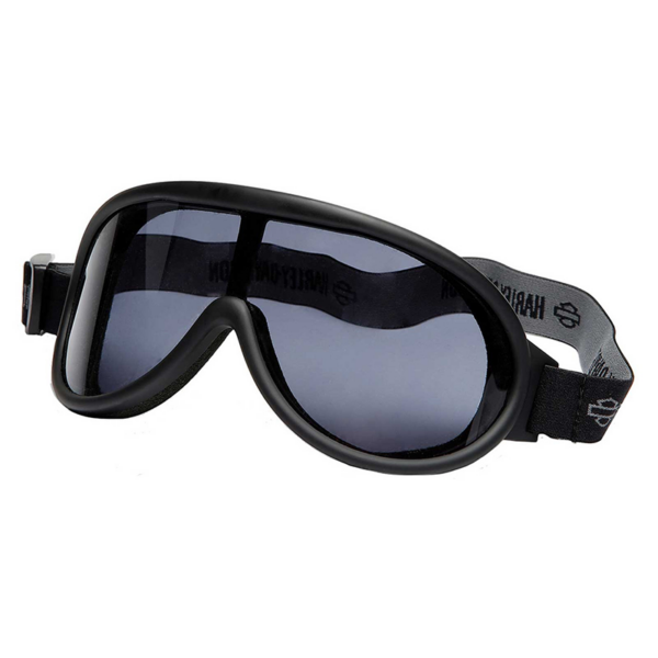 Hz0041-02a | Harley-davidson® Online Black snow goggles with curved dark lenses and an adjustable elastic strap around the head.