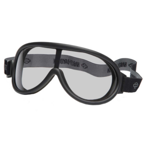 Black protective safety goggles with an adjustable elastic strap and clear lenses for eye protection in labs or workshops.