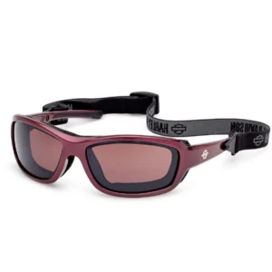 Red wraparound sunglasses with dark lenses and a Harley‑Davidson branded adjustable strap.