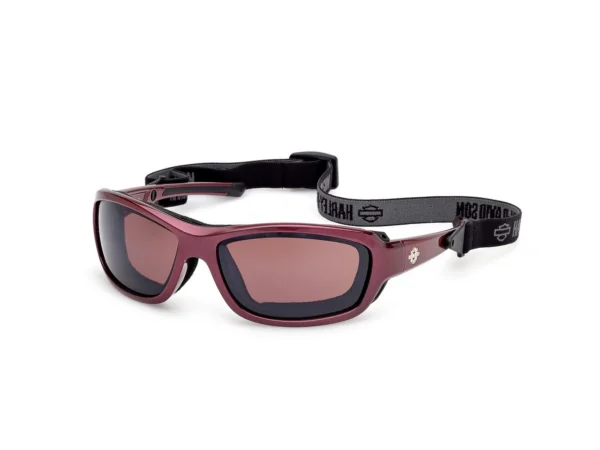 Red wraparound sunglasses with dark lenses and a Harley‑Davidson branded adjustable strap.