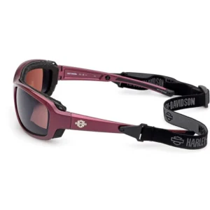 Pink Harley‑Davidson sport sunglasses with dark lenses and an adjustable black strap branded Harley‑Davidson on the side.