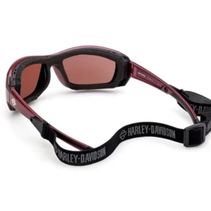 Red Harley-Davidson sport goggles with brown-tinted lenses, padded black frame, and adjustable black elastic strap.