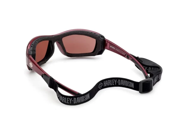 Red Harley-Davidson sport goggles with brown-tinted lenses, padded black frame, and adjustable black elastic strap.