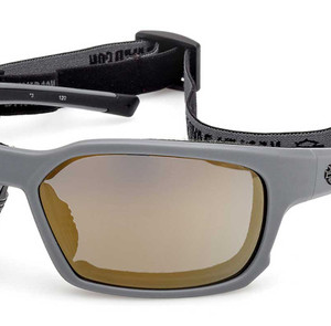 Gray wraparound sport sunglasses with amber lenses and an adjustable head strap for secure fit when active.