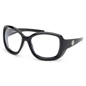 Black plastic eyeglasses with oversized rectangular lenses and a small crest on the temple arm.