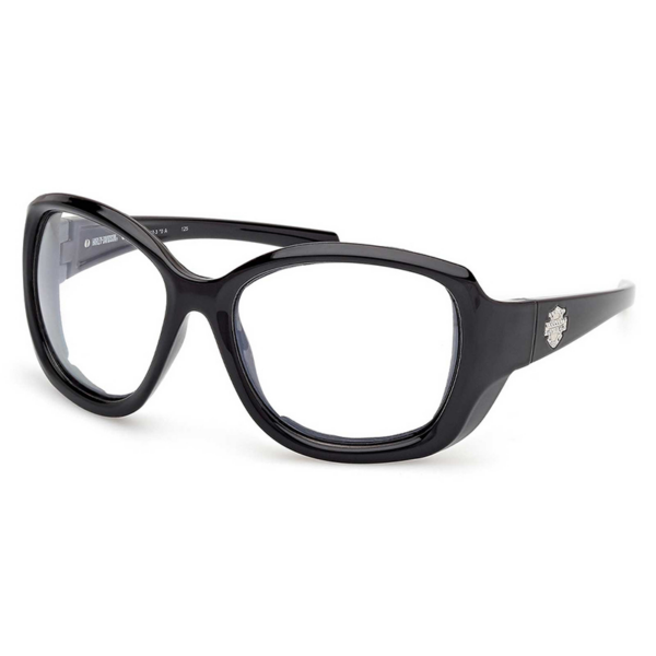 Black plastic eyeglasses with oversized rectangular lenses and a small crest on the temple arm.