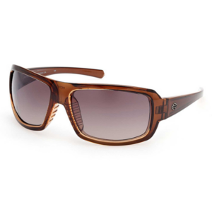 Brown rectangular sunglasses with gradient gray lenses on a white background