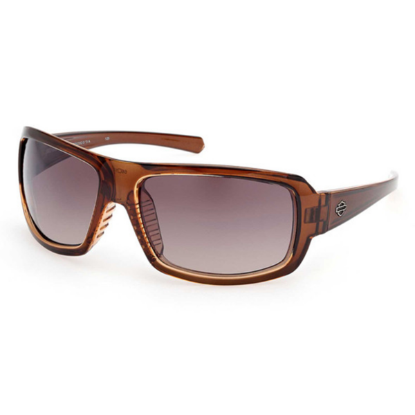 Brown rectangular sunglasses with gradient gray lenses on a white background