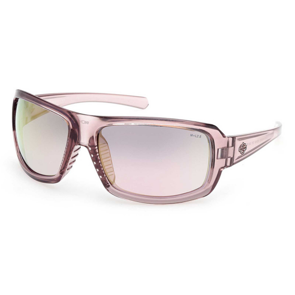 Pink translucent sunglasses with mirrored gradient lenses, angled to show both lenses and frame detail.