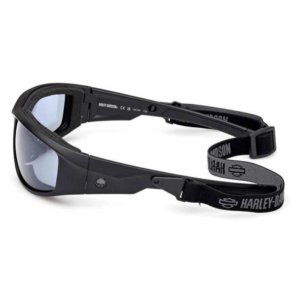 Black motorcycle goggles with padded frame, reflective lenses, and an adjustable Harley-Davidson strap.