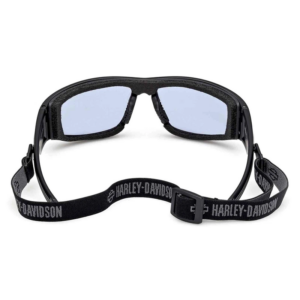 Black protective goggles with light-blue mirrored lenses, foam padding, and an adjustable Harley-Davidson strap.