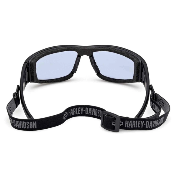 Black protective goggles with light-blue mirrored lenses, foam padding, and an adjustable Harley-Davidson strap.