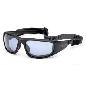 Sporty black sunglasses with a detachable strap and mirrored lenses, angled on white background.