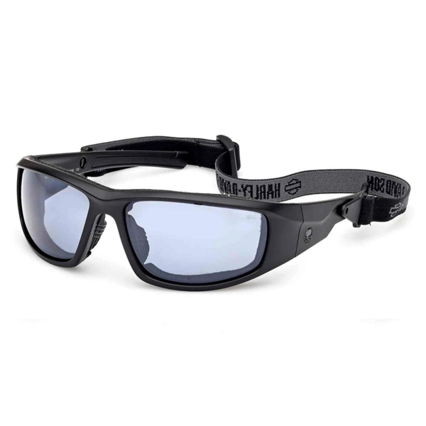 Sporty black sunglasses with a detachable strap and mirrored lenses, angled on white background.