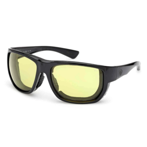 Black wraparound sunglasses with yellow-tinted lenses on a white background.
