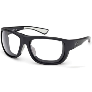 Black wraparound sport glasses with gray tinted lenses and molded frame for impact protection.