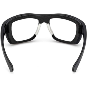 Black pair of eyeglasses or smart glasses with foam nose pads, viewed from the front, showing a wraparound frame.