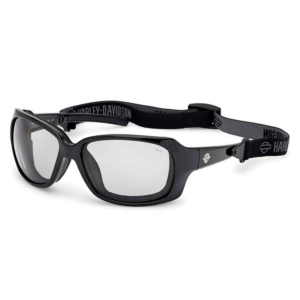 Black Harley‑Davidson sport sunglasses with a wraparound frame, gray lenses, and an adjustable strap.