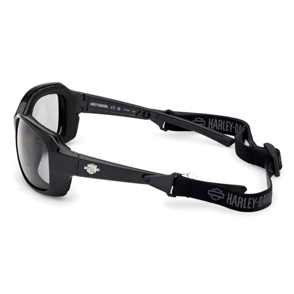 Black Harley-Davidson sport sunglasses with a detachable elastic strap and wraparound lenses