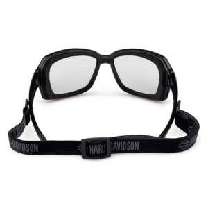 Black wraparound sunglasses with reflective lenses and a detachable Harley-Davidson branded strap on a white background.