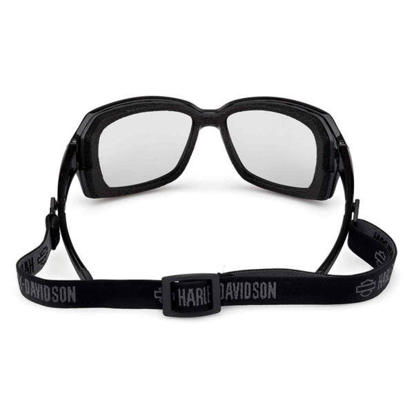 Black wraparound sunglasses with reflective lenses and a detachable Harley-Davidson branded strap on a white background.