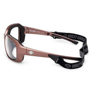 Bronze Harley-Davidson riding goggles with a black elastic strap and foam padding.