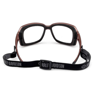 Harley-Davidson branded protective goggles with a brown frame and foam padding around the lenses.
