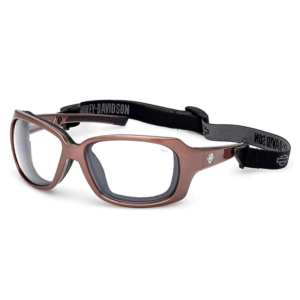 Protective wraparound glasses with a brown frame and black strap labeled Harley-Davidson for secure wearing during activities like biking or work