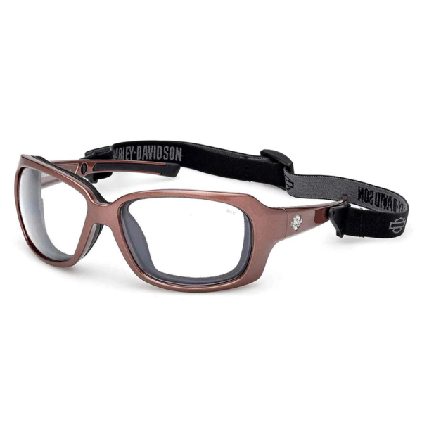 Protective wraparound glasses with a brown frame and black strap labeled Harley-Davidson for secure wearing during activities like biking or work