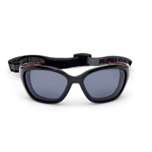 Black wraparound sunglasses with a branded adjustable strap. Gray lenses visible, product image on white background.