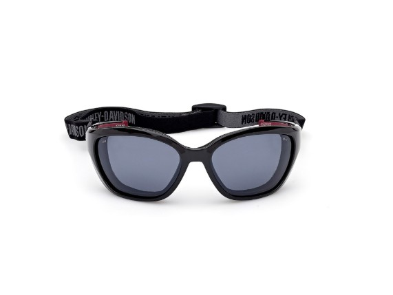 Black wraparound sunglasses with a branded adjustable strap. Gray lenses visible, product image on white background.