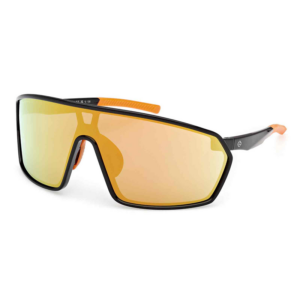 Sporty wraparound sunglasses with a black frame and amber/orange mirrored lenses. Raked to emphasize athletic design.