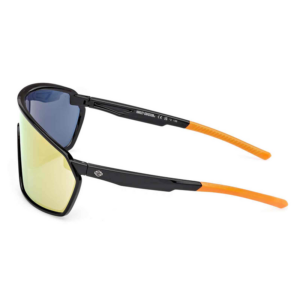Black-framed sunglasses with yellow mirrored lenses and orange temple tips, Harley‑Davidson branding visible on the arms.