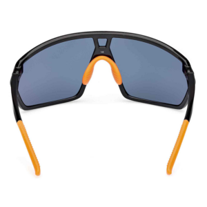 Wraparound sports sunglasses with blue lenses, black frame, and orange nose bridge and temples.