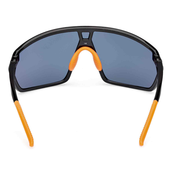 Wraparound sports sunglasses with blue lenses, black frame, and orange nose bridge and temples.
