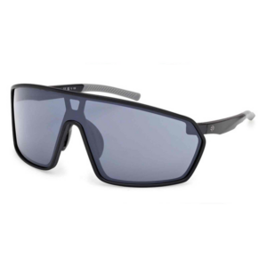 Wraparound sports sunglasses with dark frame and blue mirrored lenses.