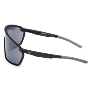 Sport sunglasses with a black frame, gray temples, and blue mirrored lenses set against a white background.
